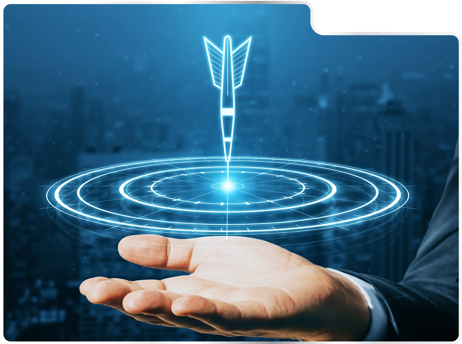 A hand supporting a luminous digital technology hologram